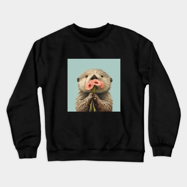 Floral Sea Otter Art Crewneck Sweatshirt by Pastel Craft